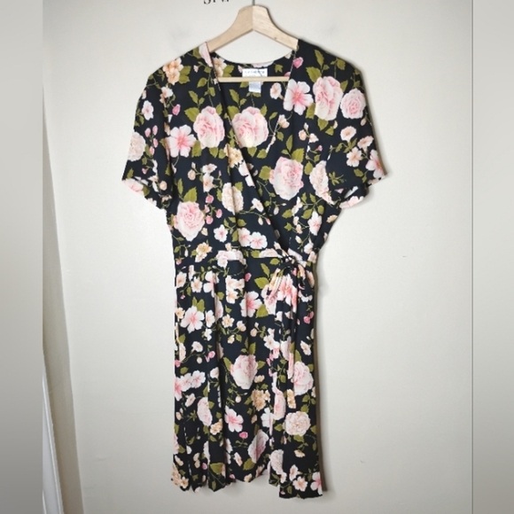 Liz Claiborne Floral Chiffon True Wrap Dress — Black/Pink — Size 10 - Picture 3 of 8